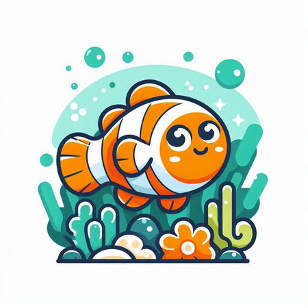 Clown fish cartoon character. Underwater animal vector illustration. Cute cartoon clownfish character.のイラスト素材