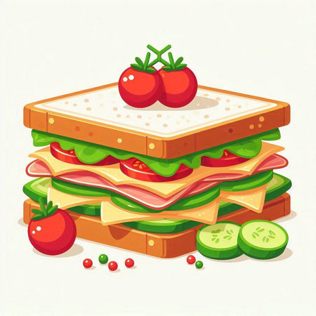 Sandwich with ham, cheese, tomatoes and cucumber. Vector illustration.のイラスト素材
