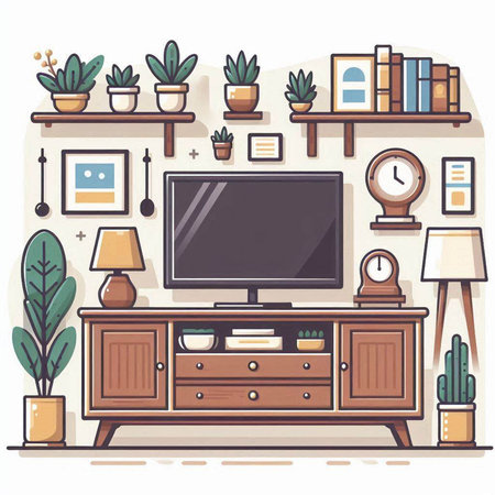 Living room interior with furniture, tv and plants. Vector illustration.のイラスト素材
