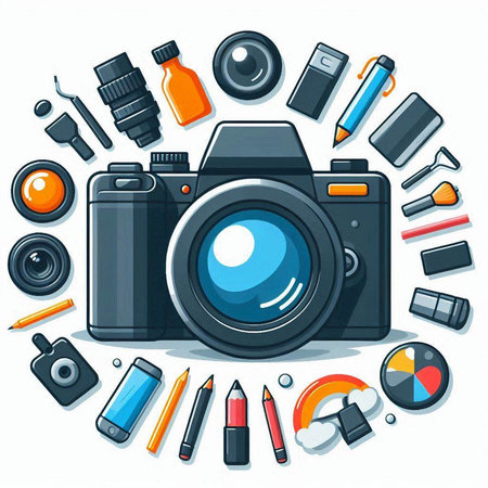 Camera and camera equipment. Vector illustration in cartoon style on white background.のイラスト素材