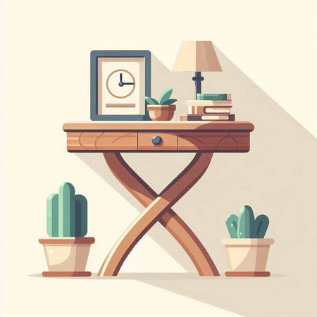Wooden desk with books and cactus. Vector illustration in flat styleのイラスト素材