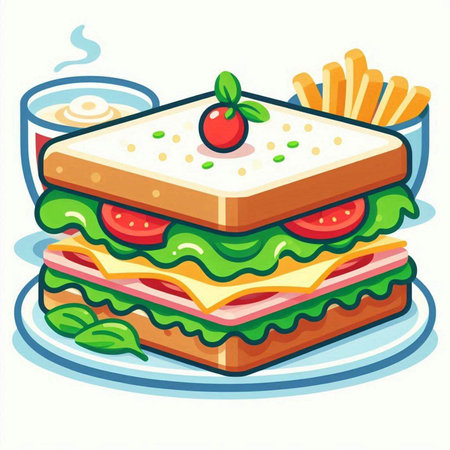 Illustration of a sandwich with cheese, lettuce, tomato, and mayonnaiseのイラスト素材
