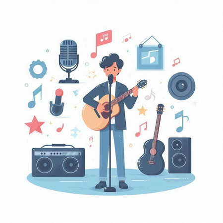 Vector illustration of man singing, playing guitar and singing songs in recording studio.のイラスト素材
