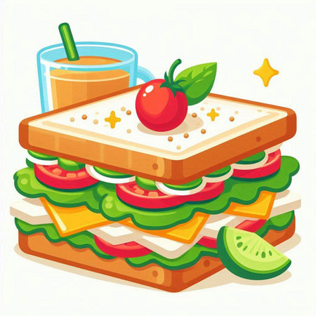 Sandwich with cheese, tomato, cucumber and lettuce. Vector illustration.のイラスト素材
