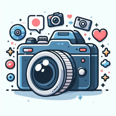 Hand drawn vector illustration of a camera with hearts. Isolated objects on white background.のイラスト素材