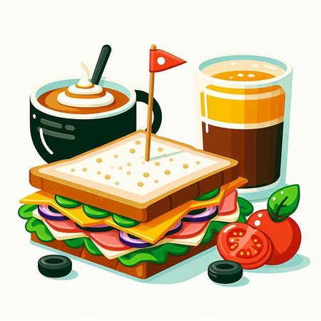 Sandwich with coffee and cola on white background. Vector illustration.のイラスト素材