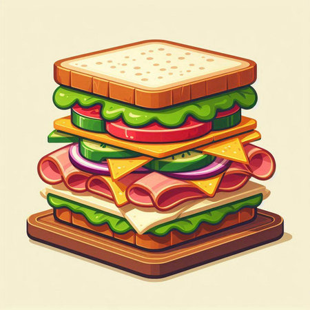 Sandwich with ham, cheese, lettuce, tomato, cucumber and cheese. Vector illustration.のイラスト素材