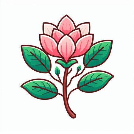 Pink magnolia flower with green leaves isolated on white background. Vector illustration.のイラスト素材