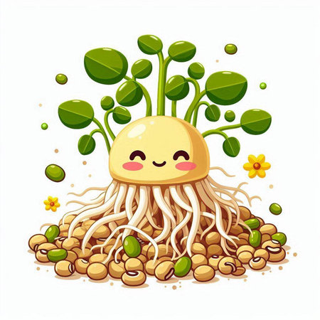 Cute smiling bean sprout with roots isolated on white background.のイラスト素材