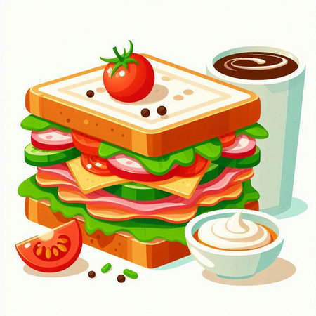 Vector illustration of a sandwich with tomato, cheese, ham and lettuceのイラスト素材