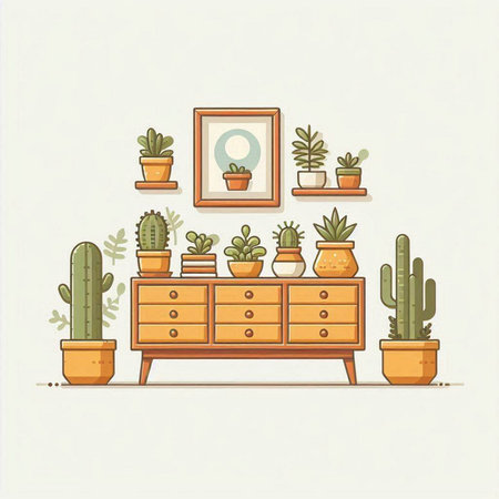 Cacti in pots on the chest of drawers. Vector illustrationのイラスト素材