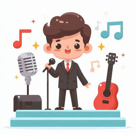 Cute little boy singing karaoke. Vector illustration in cartoon styleのイラスト素材