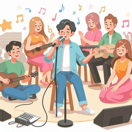 Crowd of people singing and playing musical instruments. Cartoon vector illustration.のイラスト素材