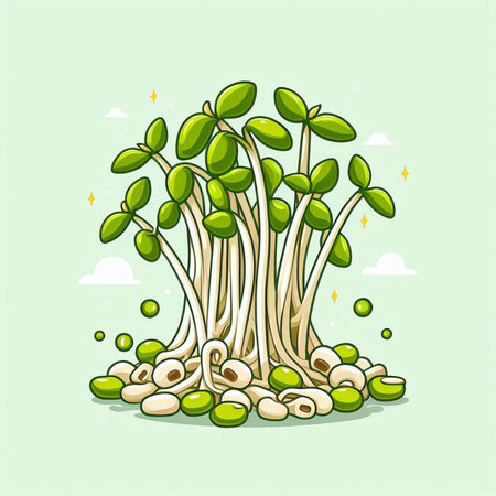 Illustration of green soybean sprouts growing in the soil.のイラスト素材