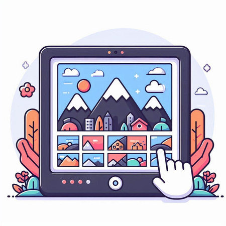 Vector illustration of tablet with city landscape on screen. Flat style design.のイラスト素材