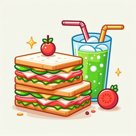 Sandwiches with juice and fruits. Vector illustration in cartoon style.のイラスト素材