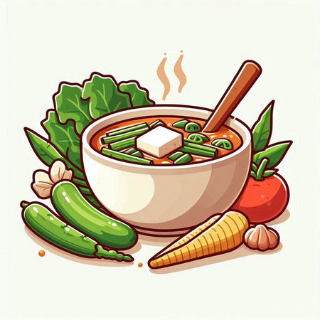 Vegetable soup in bowl with spoon and ingredients. Vector illustration.のイラスト素材