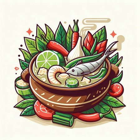 Vector illustration of a bowl of spicy seafood soup with shrimpsのイラスト素材