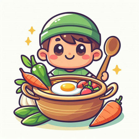 Cartoon boy cooking in pot with egg and vegetables. Cute vector illustration.のイラスト素材