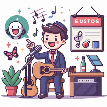 Vector illustration of a man playing guitar and singing. Cartoon style.のイラスト素材