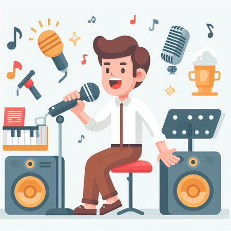 Man singing with microphone and musical instruments. Flat style vector illustration.のイラスト素材