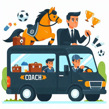 Vector illustration of a man riding a car with a soccer ball and a horse.のイラスト素材