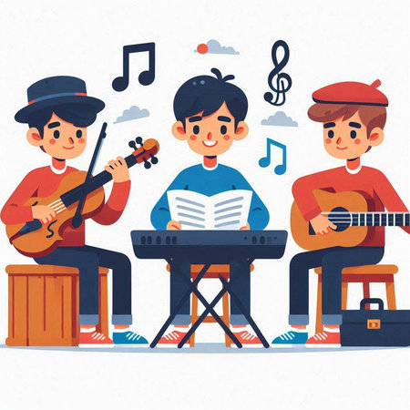 Musicians with musical instruments. Flat style vector illustration. Cartoon character.のイラスト素材