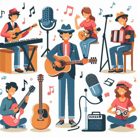 Musicians and musicians, flat style vector illustration isolated on white background.のイラスト素材