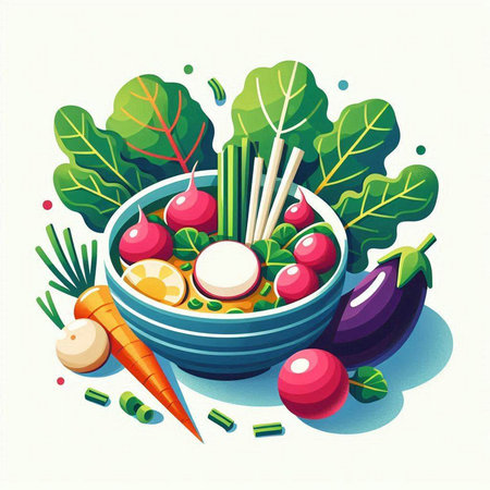 Vegetable soup with radish and eggplant in bowl. Vector illustration.のイラスト素材