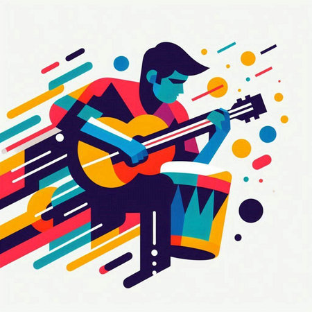 Musician playing guitar on colorful background. Vector illustration for your designのイラスト素材
