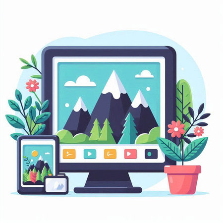 Computer screen with nature landscape. Vector illustration in flat cartoon style.のイラスト素材