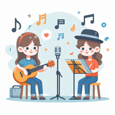 Cute little girl playing guitar and singing with microphone. Vector illustration.のイラスト素材