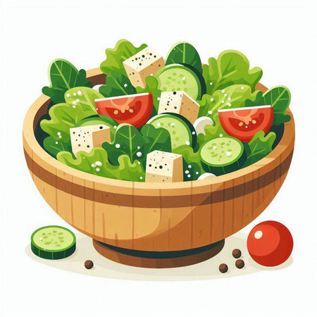 Vegetable salad in wooden bowl. Healthy food vector illustration.のイラスト素材