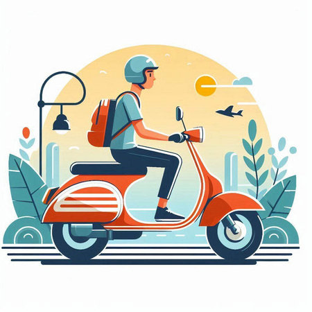 Man riding scooter on the road. Vector illustration in flat styleのイラスト素材