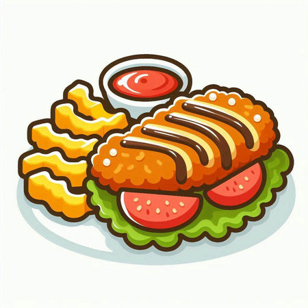 Illustration of fried chicken fillet with french fries and ketchupのイラスト素材