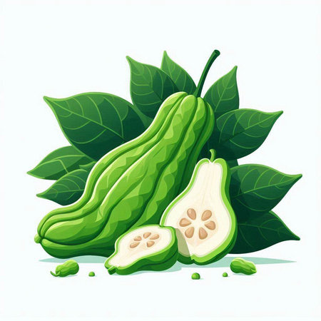 Chayote and green leaves on white background. Vector illustration.のイラスト素材