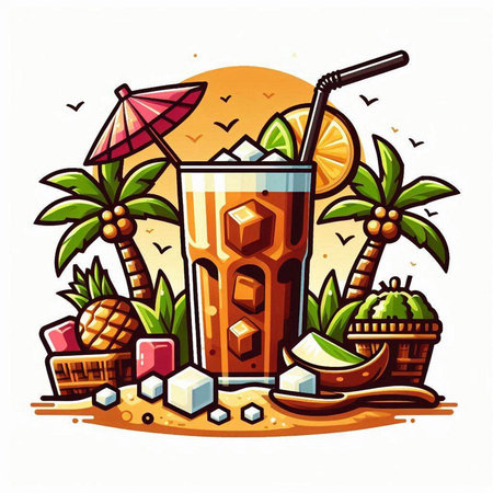 Cocktail on the beach. Vector illustration in cartoon style.のイラスト素材