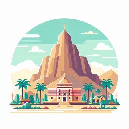 Egyptian temple on the background of the mountains. Vector illustration.のイラスト素材