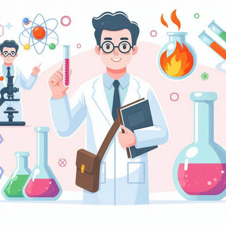 Scientist in laboratory. Man in white coat and glasses. Vector illustrationのイラスト素材