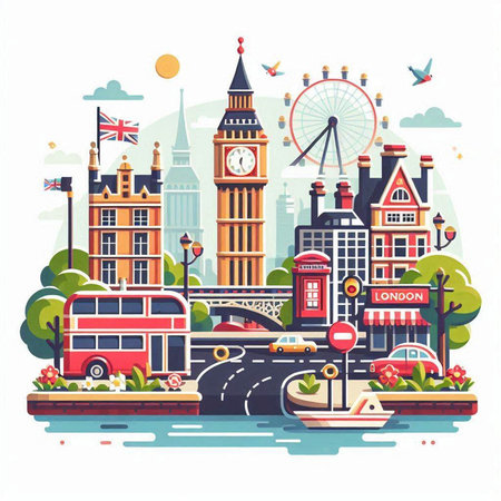 London city with famous buildings and landmarks. Vector illustration in flat styleのイラスト素材