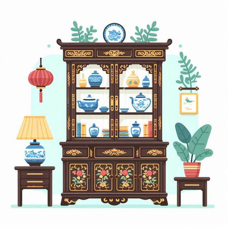 Cabinet with cupboard, vase, lamp, tablecloth, pot. Vector illustration.のイラスト素材