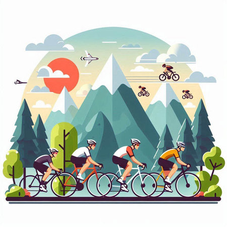 Cyclists cycling in the mountains. Flat design vector illustration.のイラスト素材