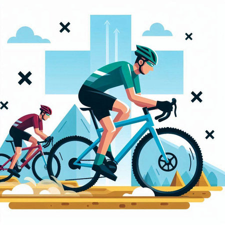 Cyclists on a mountain bike. Vector illustration in flat styleのイラスト素材