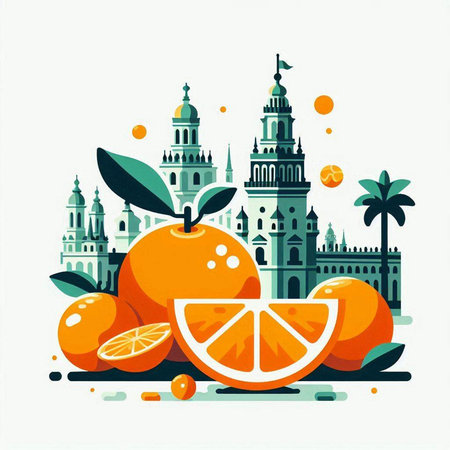 Citrus vector illustration in flat style with famous landmarks of Spain.のイラスト素材