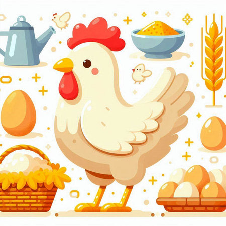 Cute chicken with eggs and basket of flour. Vector illustration.のイラスト素材