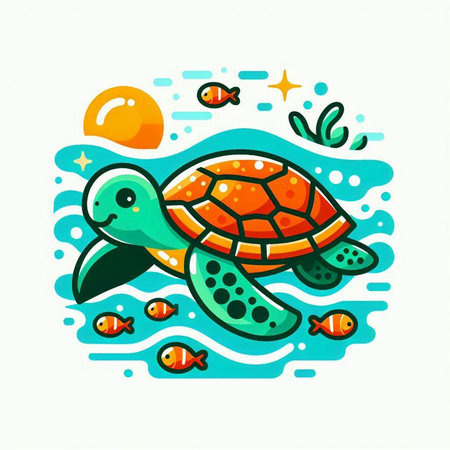 Cute cartoon sea turtle swimming in the ocean. Vector illustration.のイラスト素材
