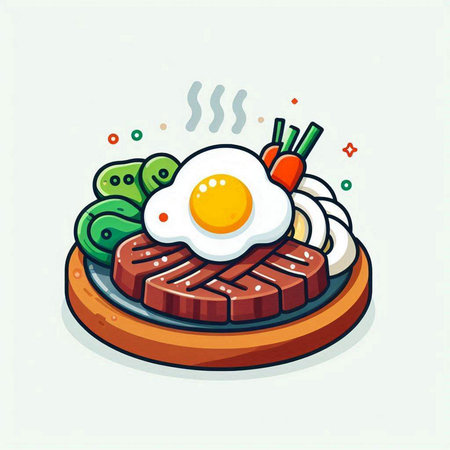 Korean food vector illustration. Steak, fried egg and vegetables.のイラスト素材