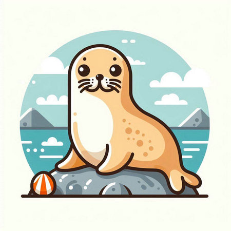 Cute seal on the beach. Vector illustration in flat style.のイラスト素材