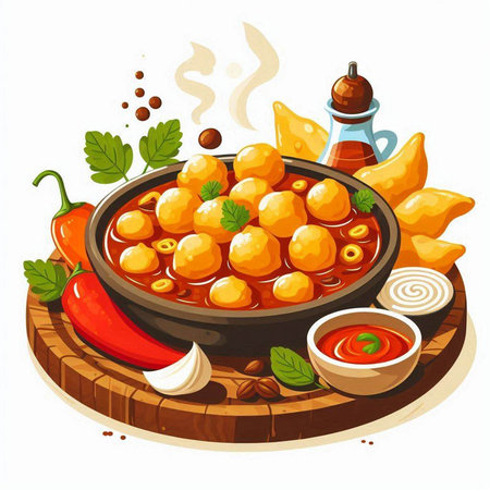Illustration of a bowl of chickpeas with tomato sauce and ingredientsのイラスト素材