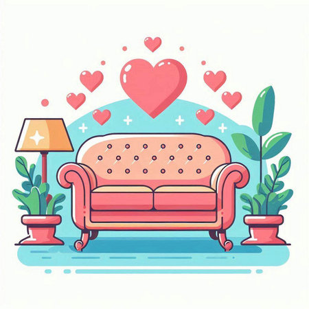 Sofa in the living room with hearts. Vector illustration.のイラスト素材